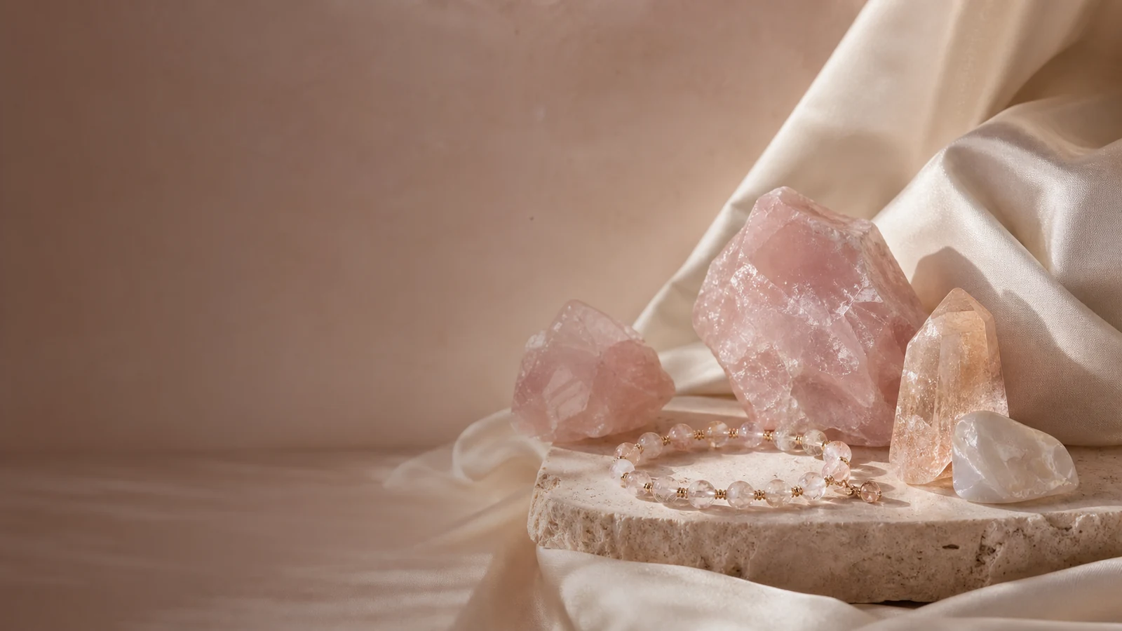 粉晶、柔光與淡雅花朵構成的桃花姻緣意象